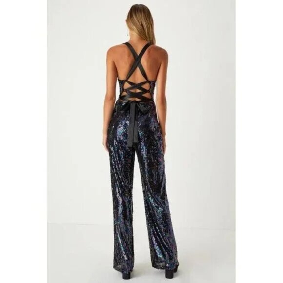 πͺ©π70s GLAM DISCO ERA!ππͺ© High-Shine Iridescent Black Sequin Lace-Up Jumpsuit - Picture 4 of 10